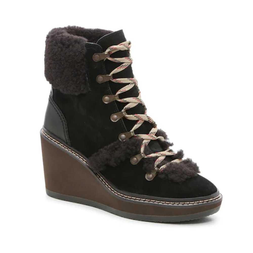 SEE BY CHLOE Shearling Wedge Bootie Designer Real Fur Sheepskin Nubuck Leather 6